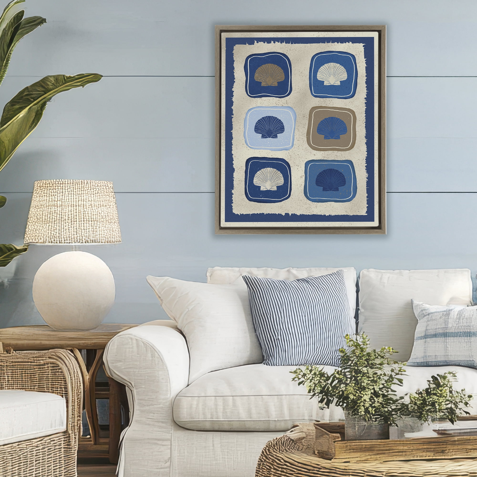 Stupell Industries Nautical Block Shells Brown Framed Floater Canvas Wall Art, design by Julia Frost