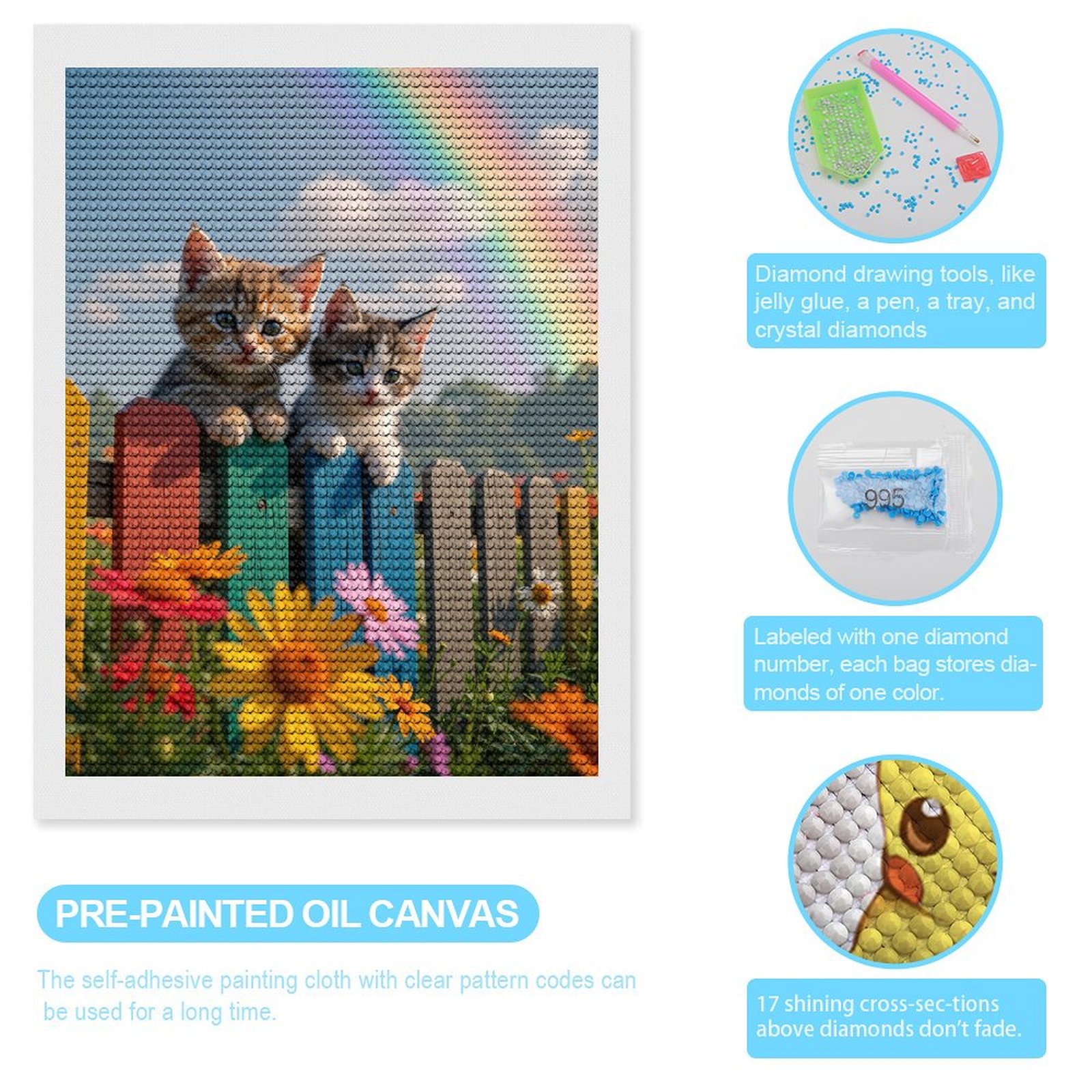 Diamond Art Kits for Adults, Kittens Colorful Fence Rainbow Flowers 5D Diamond Painting Kits for Adults Beginners, DIY Full Drill Diamond Painting, Gem Art and Crafts 12x16