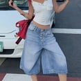 thumbnail image 2 of Women's multi-button denim shorts, loose straight leg mid-length trousers, 2 of 6