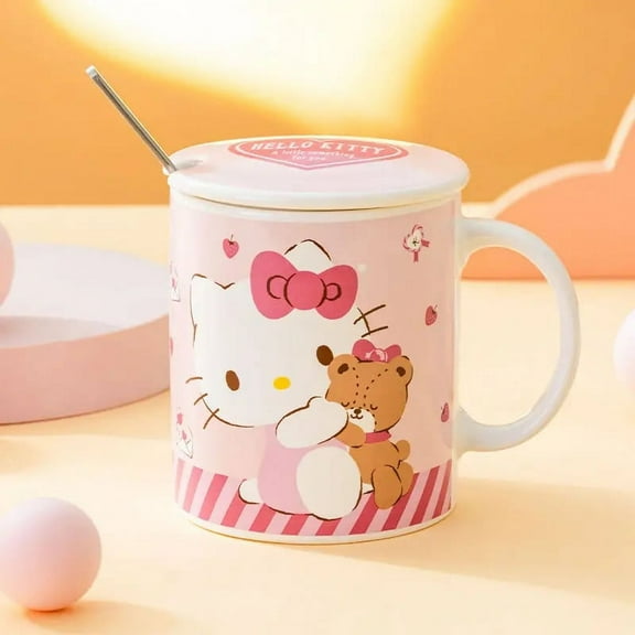 Sanrio Anime Hello Kitty Kuromi Kawaii Ceramic Cup Lid Spoon Cute My Melody Water Milk Coffee Mug Birthday Gifts for Girls