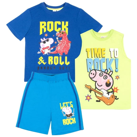 Peppa Pig Boys 3 Piece Short Set Peppa Pig Short Sleeve Shirt Tank Top Shirt and Shorts 3 Pack Bundle Set for Kids and Toddlers (Size 3T-8)