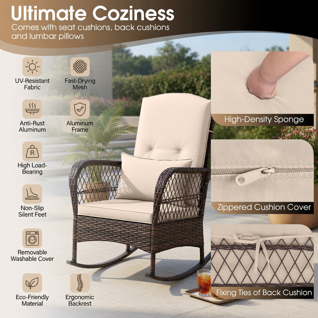 Hommoo 3-Piece Outdoor Rocking Bistro Set with 2-Tier Tempered Glass Coffee Table, PE Rattan, Brown