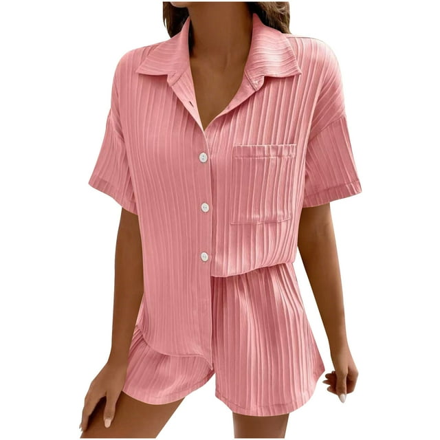 biudgviw Womens 2 Piece Outfits Short Sleeve Lounge Set Comfy Textured Lapel Button Down Shirts and Shorts Matching Set with Pocket