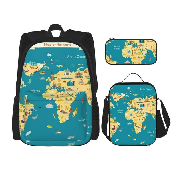 Disketp World Map With Landmarks Mochila Estampada de Gran Capacidad con Lonchera y Estuche, Set de 3 Piezas para Estudiantes