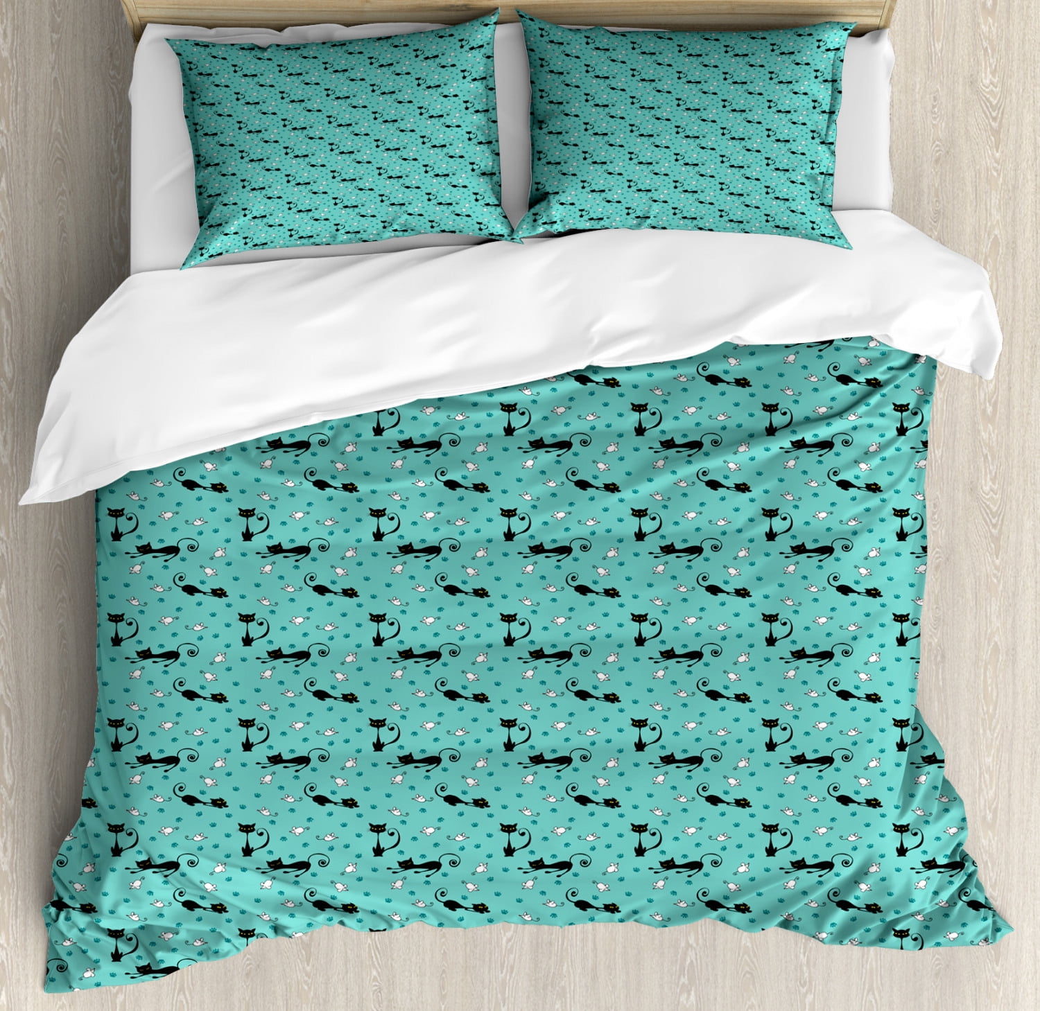 Cat Duvet Cover Set Black Cats After White Mice Mouse Paws