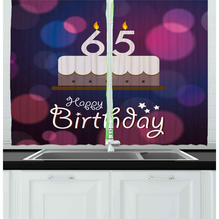 65th Birthday Curtains 2 Panels Set, Birthday Ceremony Artwork with Cake Hand Writing Calligraphy Best Wishes, Window Drapes for Living Room Bedroom, 55W X 39L Inches, Blue Pink White, by