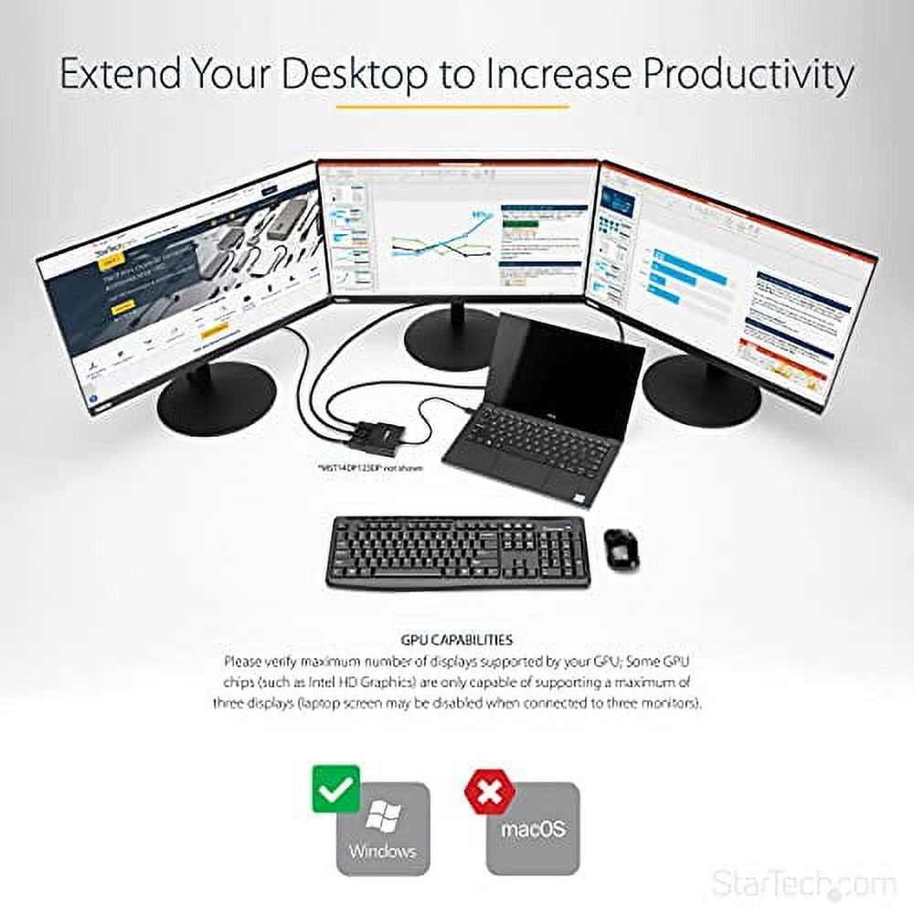 StarTech.com 3-Port Multi Monitor Adapter - DisplayPort 1.4 to 3x 4K DisplayPort Video Splitter - Dual or Triple 4K - DisplayPort MST Hub for Multiple Monitors - For Windows PCs Only (MST14DP123DP)