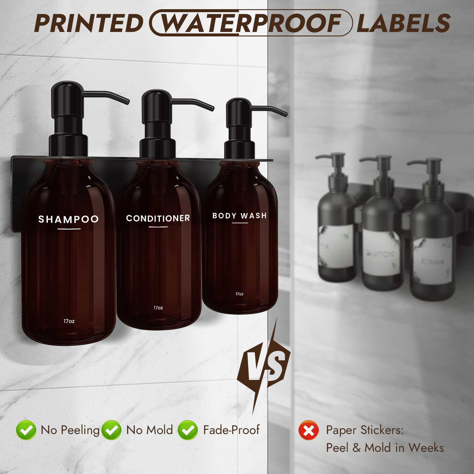 Nurforta Shampoo and Conditioner Dispenser - Shower Soap Dispenser Wall Mounted - 17 fl oz Set of 3 Brown Plastic Bottles with Stainless Steel Pumps & No-Drill Adhesive Holders for Bathroom