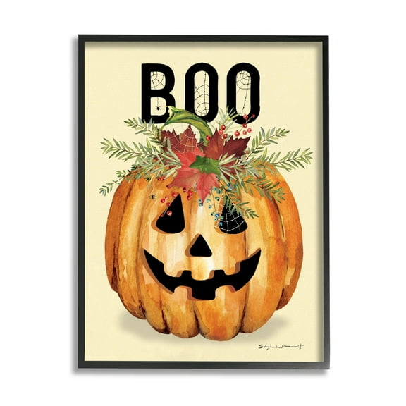 Stupell Industries Boo Seasonal Halloween Flowers Holiday Painting Black Framed Art Print Wall Art