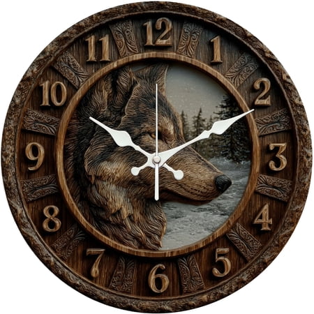 Hoease 10 Inch Silent Wall Clock, Wolf Head Carved Wood Forest Decorative Wall Clock, Battery Operated Non-Ticking Round Clock for Living Room Bedroom Cabin Home Decor