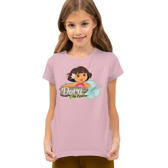 Popfunk Dora The Explorer Tropical Flower Kids T Shirt for Youth Boys and Girls, Pink, Small