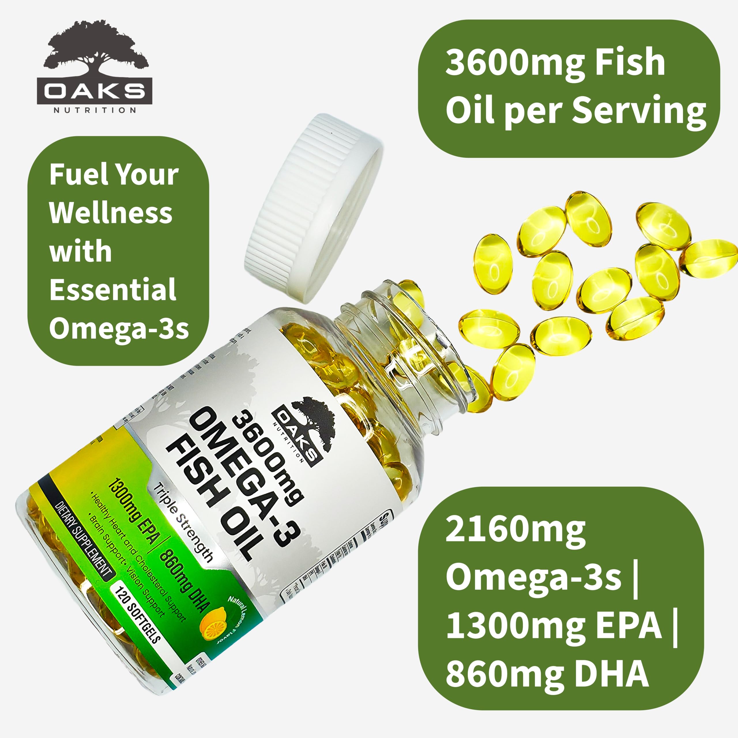 Oaks Nutrition 3600mg Fish Oil, 2160mg Omega-3 (1300 EPA/860 DHA), 120ct
