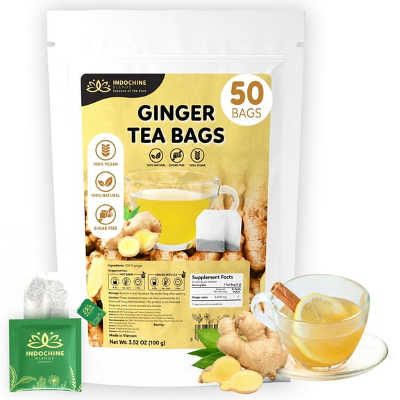 Indochine Blends Ginger Herbal Tea Bags | 100% Pure Ginger Root | Sugar-Free, Caffeine-Free | 50 Individually Wrapped Bags, 3.5 oz
