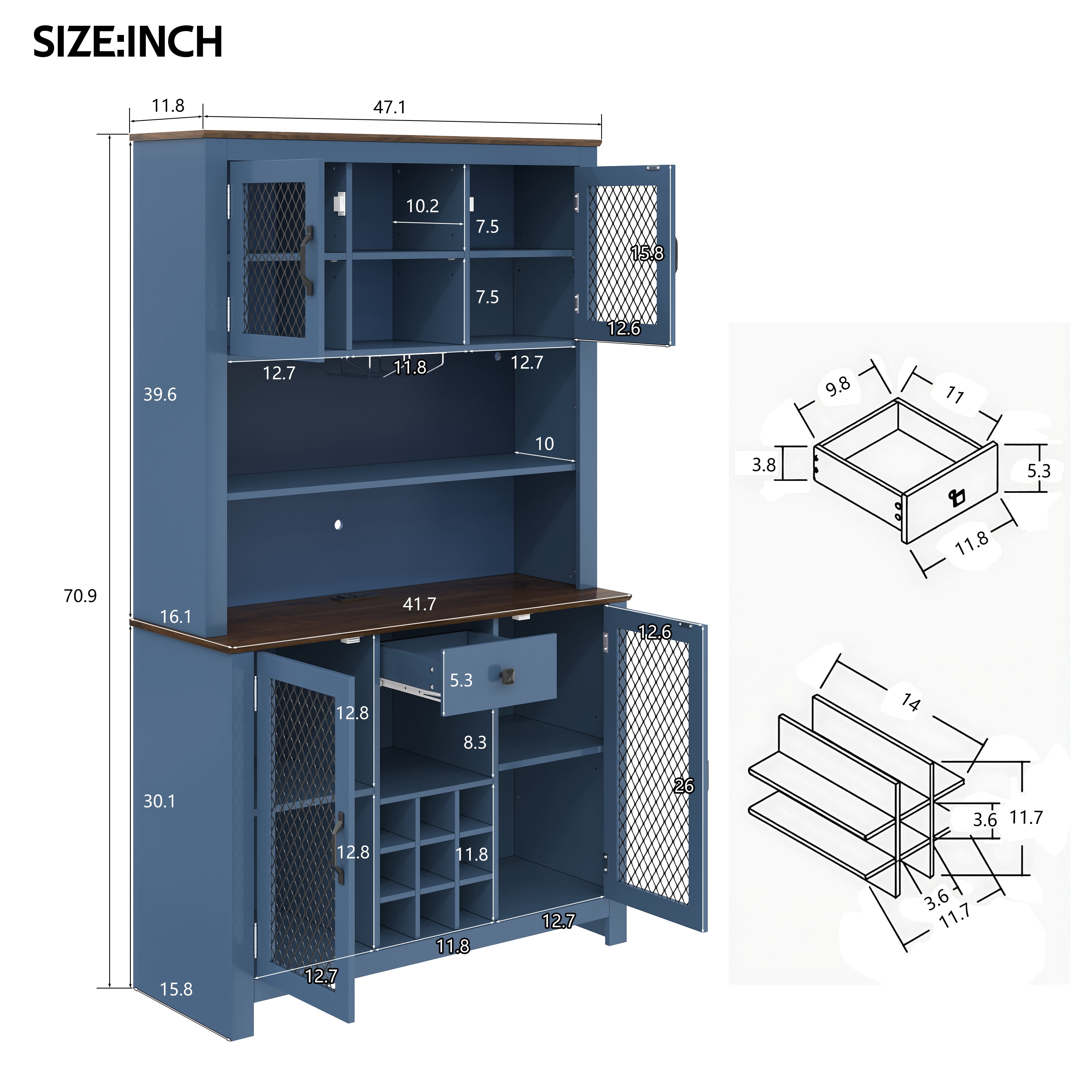 Euroco 70.9" Kitchen Pantry Storage Cabinet Rustic Buffet Cabinet, Kitchen Hutch Cabinet with LED Outlets Food Pantry Cabinet with Doors and Shelves Wine Rack for Dining Room, Navy Blue