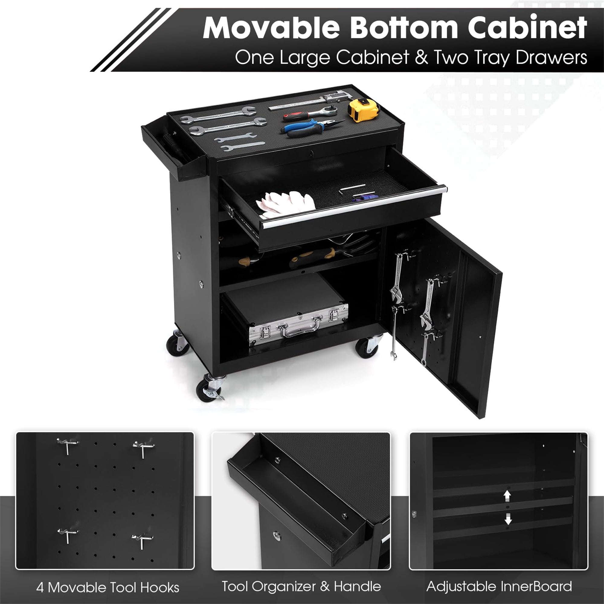 Aukfa Tool Chest, 2 in 1 Steel Rolling Tool Box & Cabinet On Wheels for Garage, 5-Drawer, Black