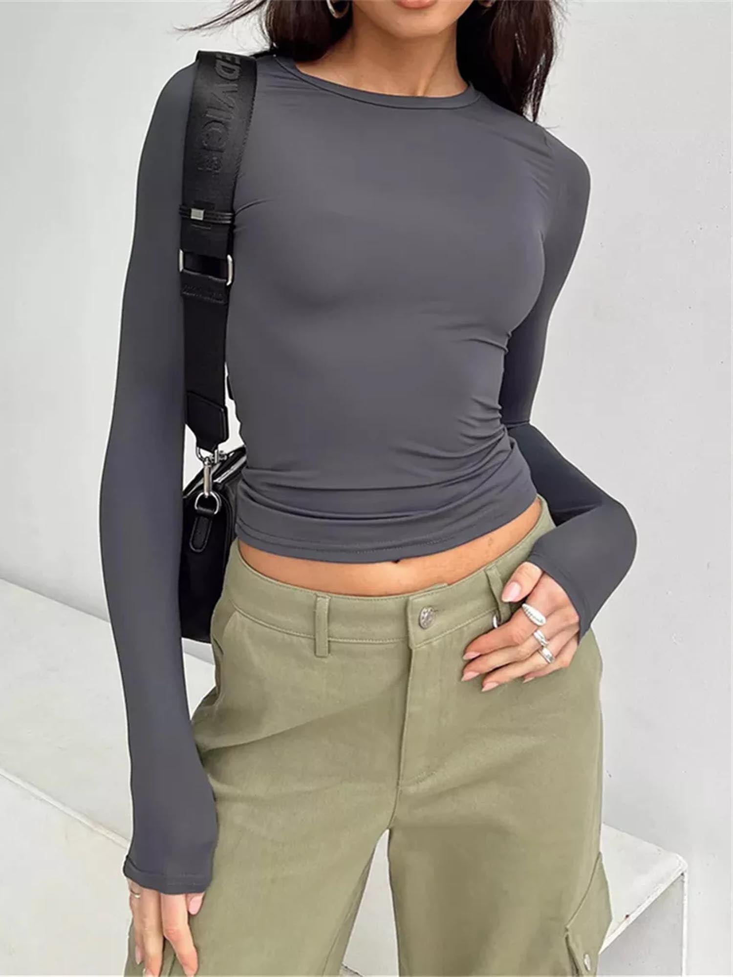 Women Autumn Long Sleeve Skinny T-Shirt Crew Neck Basic Plain Tight Crop Top