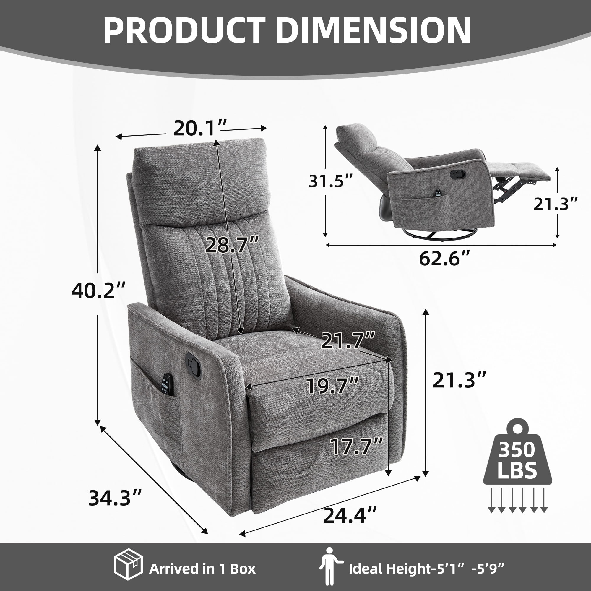 Gewnee Manual Recliner with 360°Swivel Rocker,8-Point Massage Recliner Chair with Heating,Comfy Single Sofa with Side Pockets for Living Room,Bedroom.Dark Gray Chenille