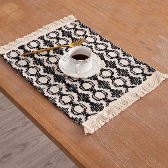 pstuiky Cotton & Linen Woven Placemats with Tassel Heat Insulating Table Mats Two-Tone Color Block 33X50Cm Holiday & Western Style Decor