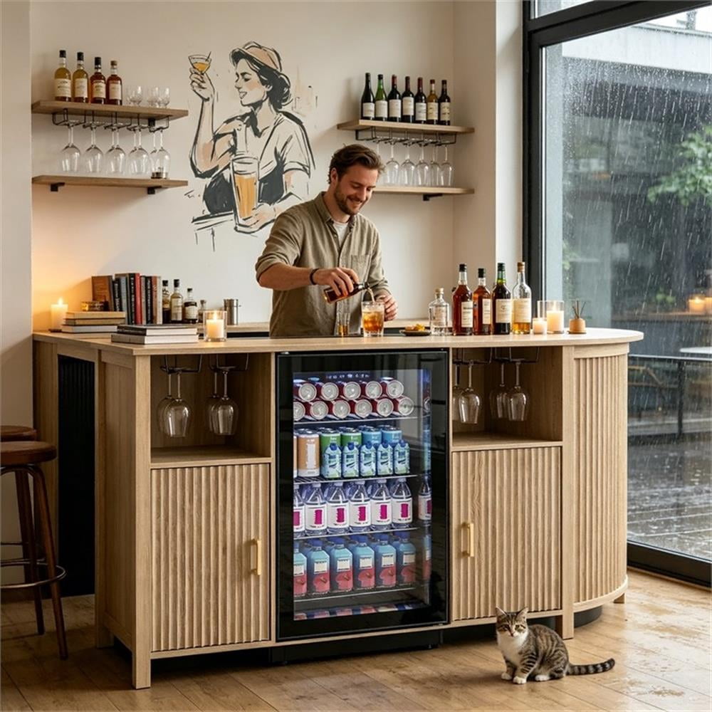 53" Medium Wood Engineered Wood Coffee Bar Cabinet with Mini Fridge Space