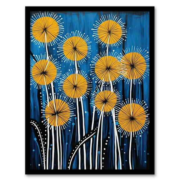 Dandelion Flower Seeds Gond Style Painting Blue Yellow Abstract Summer Meadow Patterns Art Print Framed Poster Wall Decor 12x16 inch