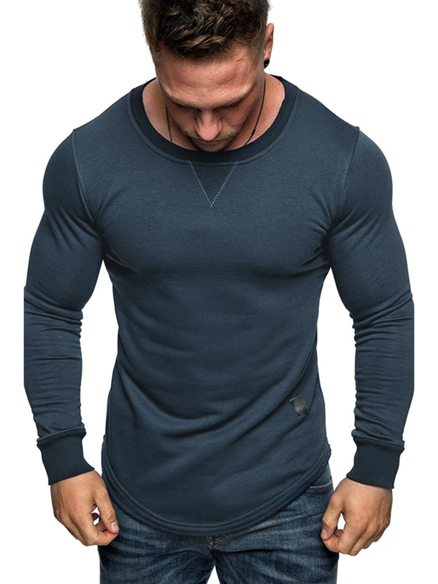 Wodstyle - Mens Muscle Long Sleeve T-Shirt Gym Sports Casual Plain Slim ...