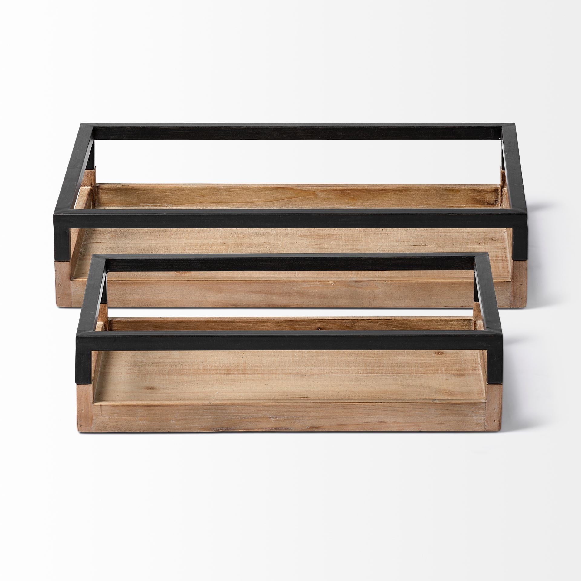 Set Of 2 Natural Finish With Black Nesting Wood Accent Trays Set Of 2 Natural Finish With Black Nesting Wood Accent Trays
