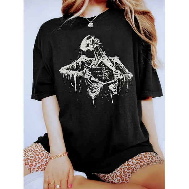 Women's Skeleton Ripping Rib Cage Graphic Print T-Shirt Black Casual Round Neck Short Sleeve Tee Slight Stretch Machine-Washable Activewear Ladies T Shirts, Edgy Fashion Top, Stretchy Material Shirt