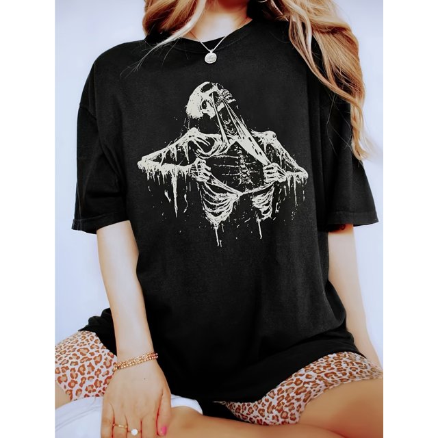 Women's Skeleton Ripping Rib Cage Graphic Print T-Shirt Black Casual Round Neck Short Sleeve Tee Slight Stretch Machine-Washable Activewear Ladies T Shirts, Edgy Fashion Top, Stretchy Material Shirt