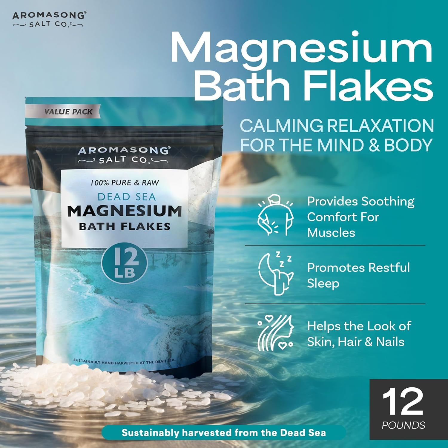 Aromasong Raw Magnesium Flakes for Bath, Dead Sea Magnesium Chloride Bath Salt, Unscented Mineral Soak, 12 lb
