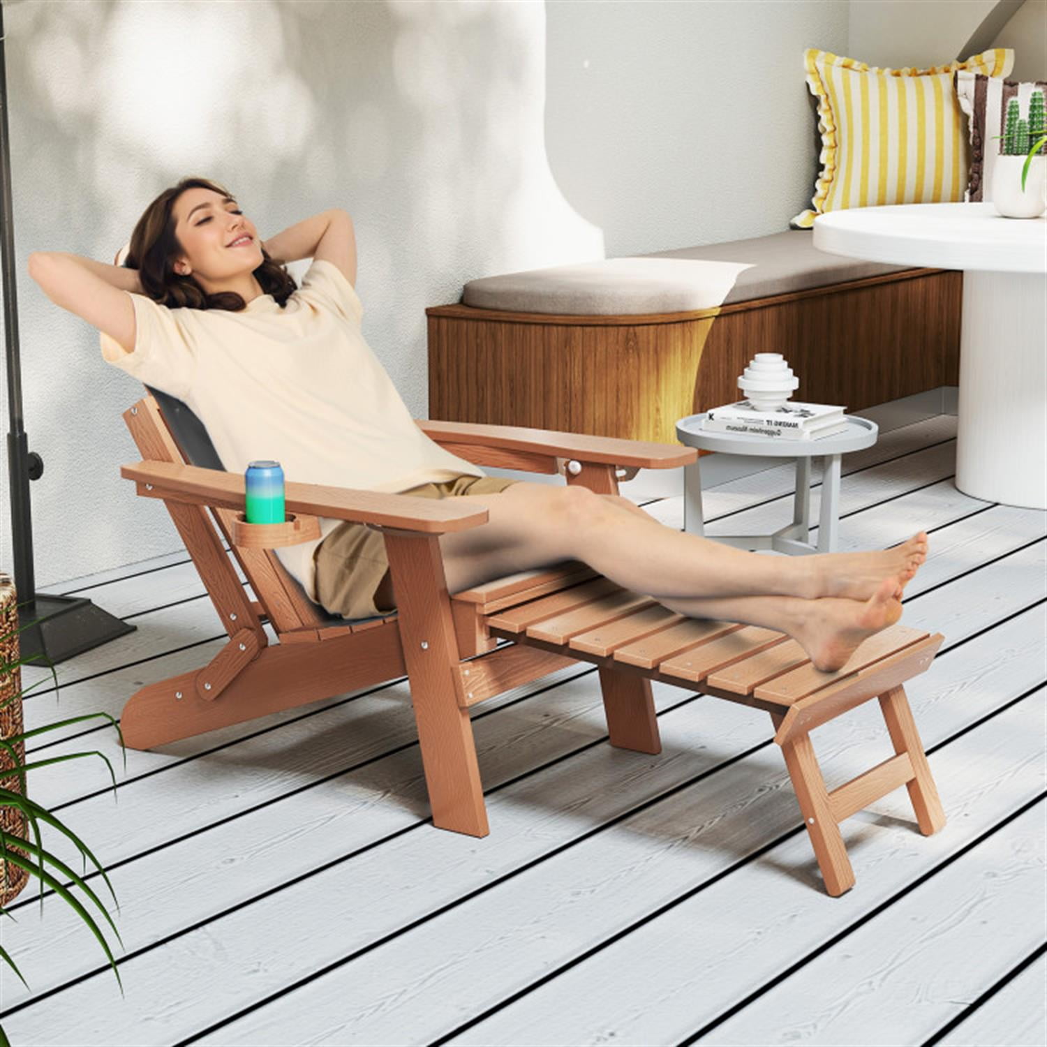 Demi Bonn All-Weather HIPS Patio Adirondack Lounge Chair with Retractable Footrest, Outdoor Accent Furniture Lounge Chairs for Yard, Garden, Brown