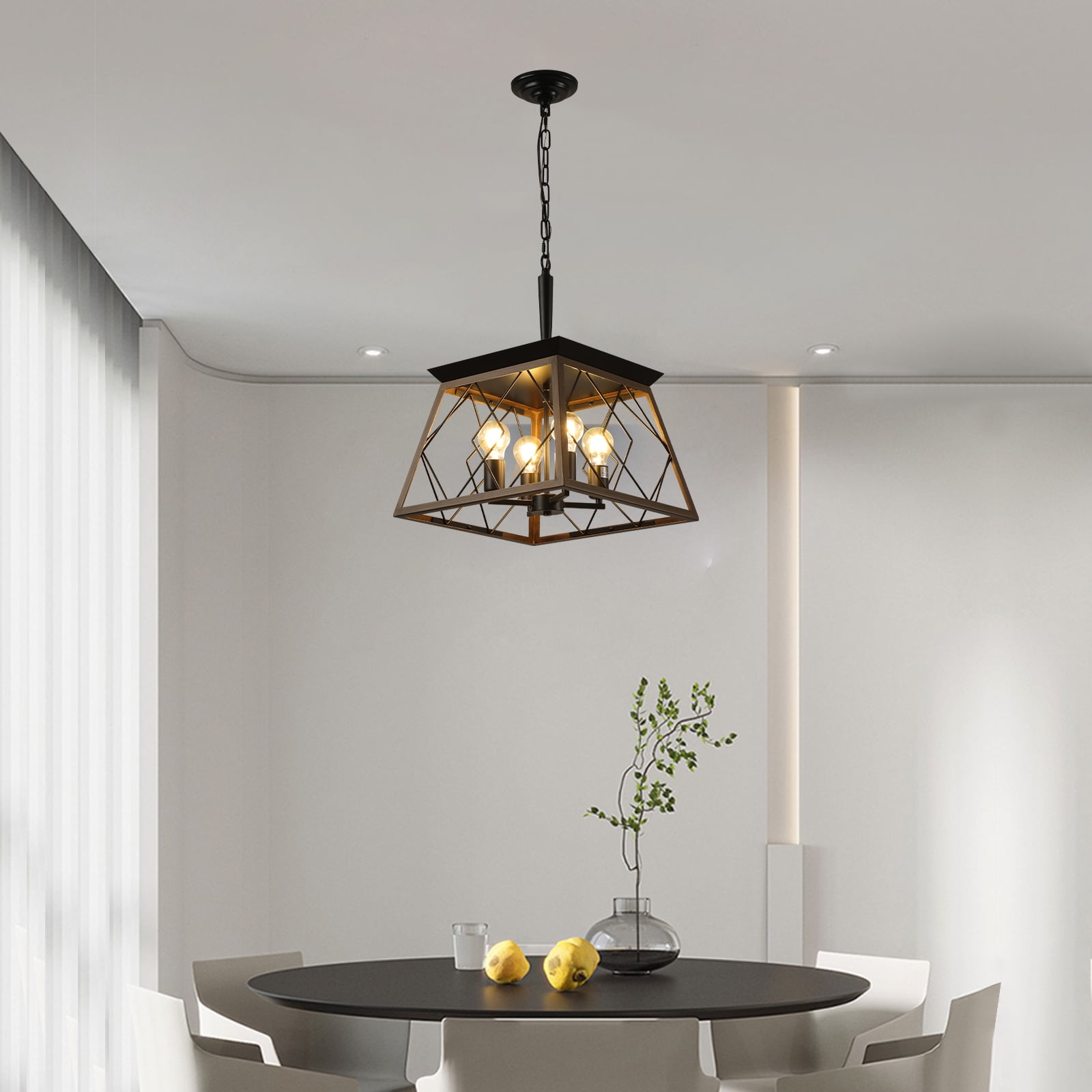 4-Light Farmhouse Vintage Chandelier, Rustic Pendant Light, with Faux Wood Finish, Adjustable Chain Industrial Fixture for Dining Room, Foyer, Kitchen Island, Walnut E26 Base