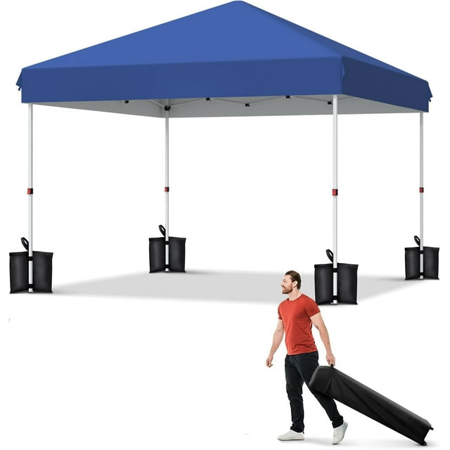 Yiwa Tente à Auvent Escamotable 10x10, Tente à Auvent de Patio avec Installation à un Bouton, Sac à Roulettes Portable, 4 Sacs de Lest, Tente Instantanée d'Extérieur à 3 Hauteurs Réglables pour Fêtes, Camping, Plage