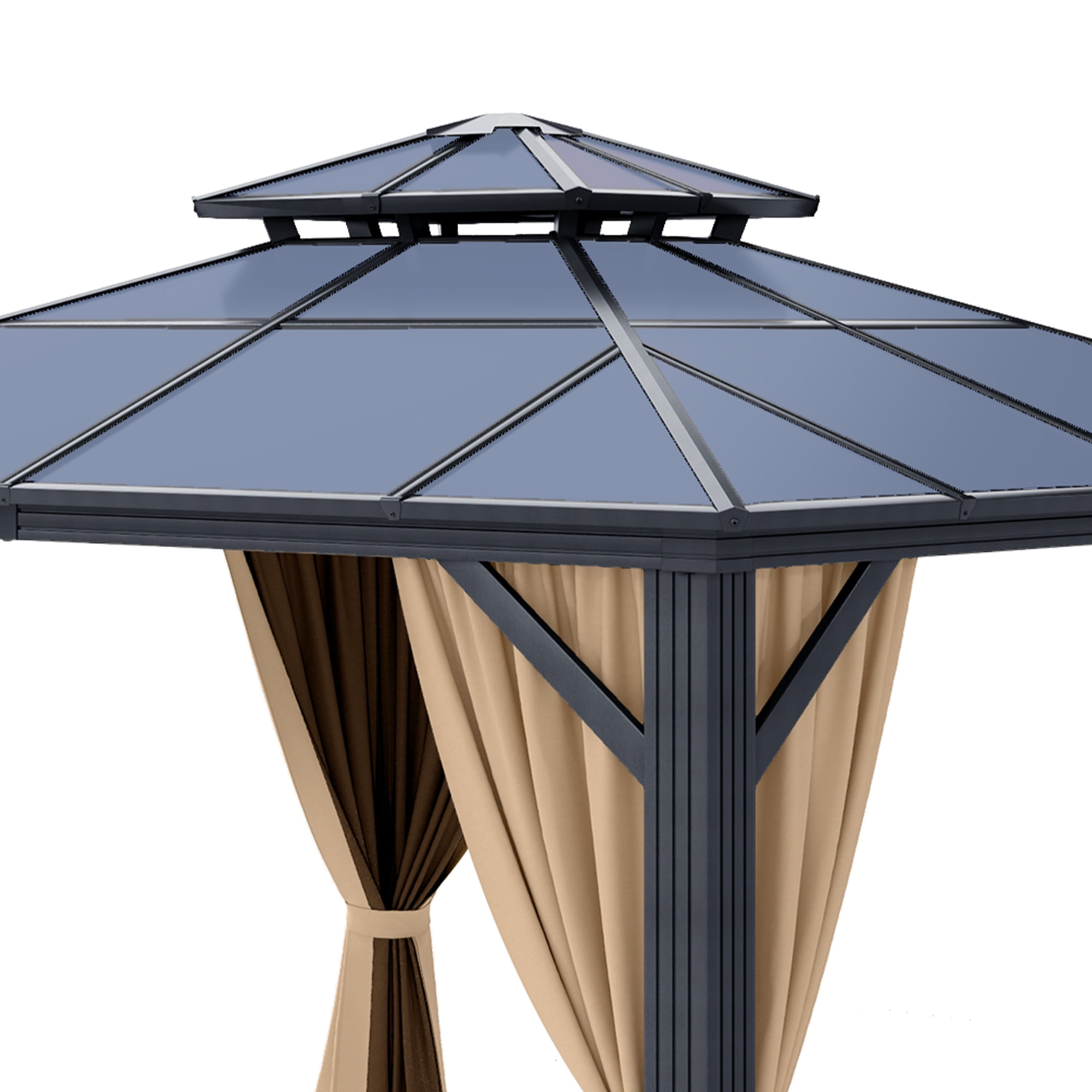 Dextrus 10' x 10'  Hardtop Gazebo with Netting & Shaded Curtains, Outdoor Polycarbonate Double Roof Canopy,Aluminum Column Garden Tent for Patio, Backyard, Black&Brown