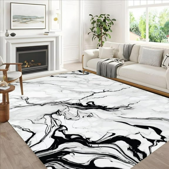 Unique Aesthetic Black White Grey Marble Swirl Modern Abstract Area Rug For Living Room Bedroom Diningroom Washable Soft Thin Carpet Under Coffee Table Meetingroom Floor Rug 1x2ft