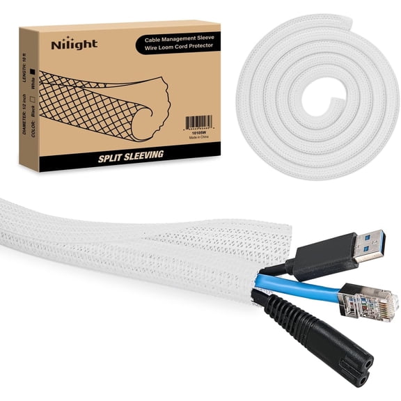 Nilight Cable Sleeve, 10ft-1/2inch Cord Management Sleeves, Braided Sleeving, Split Self Wrapping Wire Loom for Computer Electrical Automotive Harness Protector Organizer, White