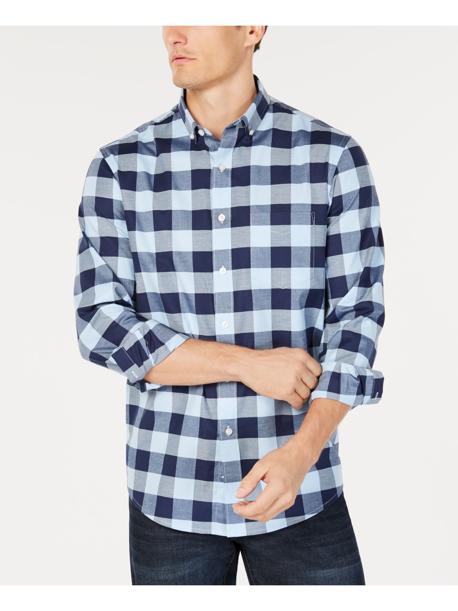 CLUBROOM Mens Navy Plaid Point Collar 
