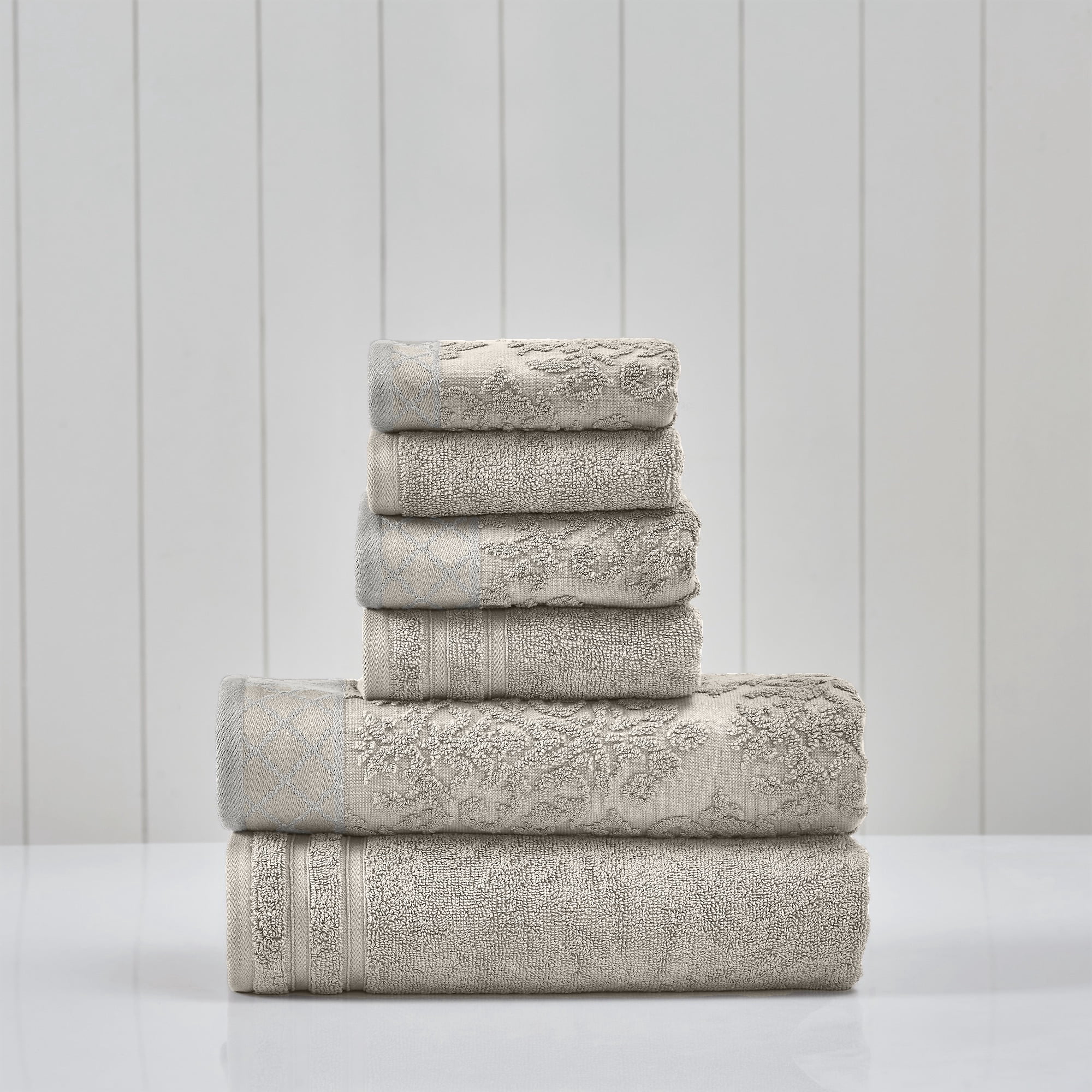 Modern Threads Jacquard Border 6-Piece Cotton Bath Towel Set, Gray