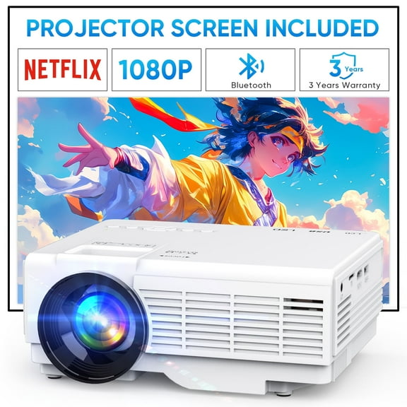 GCZ Bluetooth Projector with Screen, 1080P Support Portable Projector, Compatible with Smartphone, HDMI, for Home, Bedroom, Outdoor Use