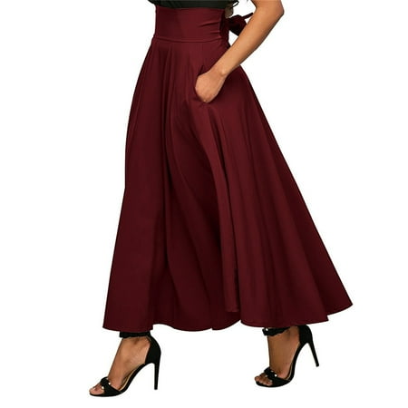- High-waisted Pleated Skirt Side Slit Pocket Flared Skirt with Belt