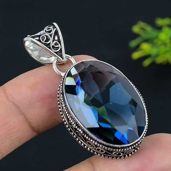 Natural London Blue Topaz Gemstone 925 Sterling Silver Pendant 1.89"