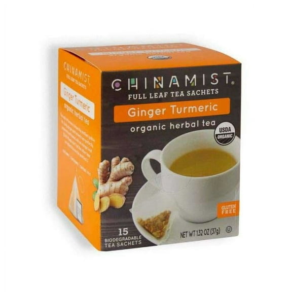 China Mist Full Leaf Tea Sachets, Ginger Turmeric Organic Herbal Tea, 15 Biodegradeable Tea Sachets