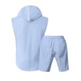 thumbnail image 5 of HBGVBA Men Summer Casual 2 Piece Solid Color Linen Pocket V-Neck Hooded Sleeveless Shirt Shorts Outfit Set, 5 of 5
