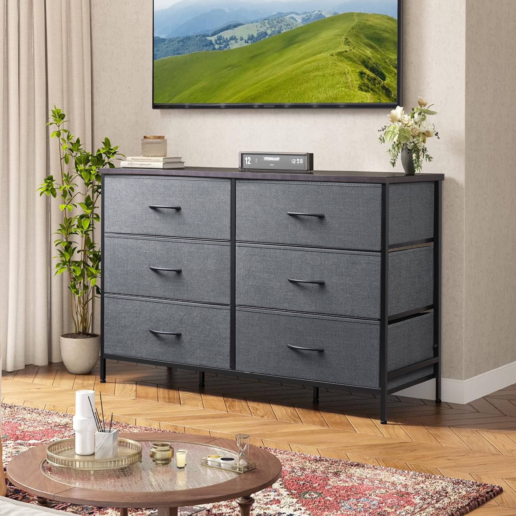 GALAXHERO 6-Drawer Fabric Dresser, 50-Inch TV Stand Wide Chest of Drawers for Bedroom, Closet, Living Room, Dark Gray