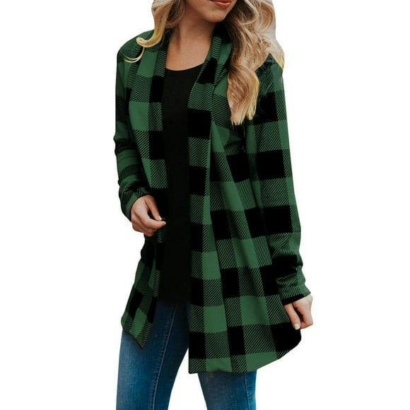 Meichang Womens Buffalo Plaid Cardigans Long Sleeve Elbow Patch Draped Open Front Cardigan Shirt Flannel Jacket Coat Cozy Knit Sweater Outwear