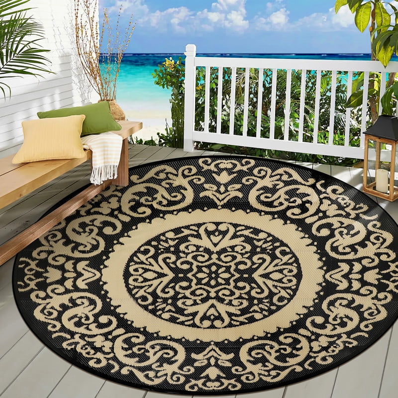 Aonewoe Round Outdoor Rugs 8Ft Waterproof Patio Plastic Straw Rug Reversible Camping Carpet Indoor Outdoor Area Rug for Patio,Deck,Balcony,Picnic,Beach,Outside