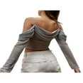 thumbnail image 4 of Women Casual Crop Tops  Solid Color Long Sleeve Mesh Retro Grace Off-Shoulder Mesh Pleated Sling Tops, 4 of 5