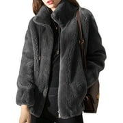 Capreze Womens Sherpa Fleece Jacket Winter Warm Fuzzy Long Sleeve Casual Zip Up Coat Outwear with Pocket Grey L