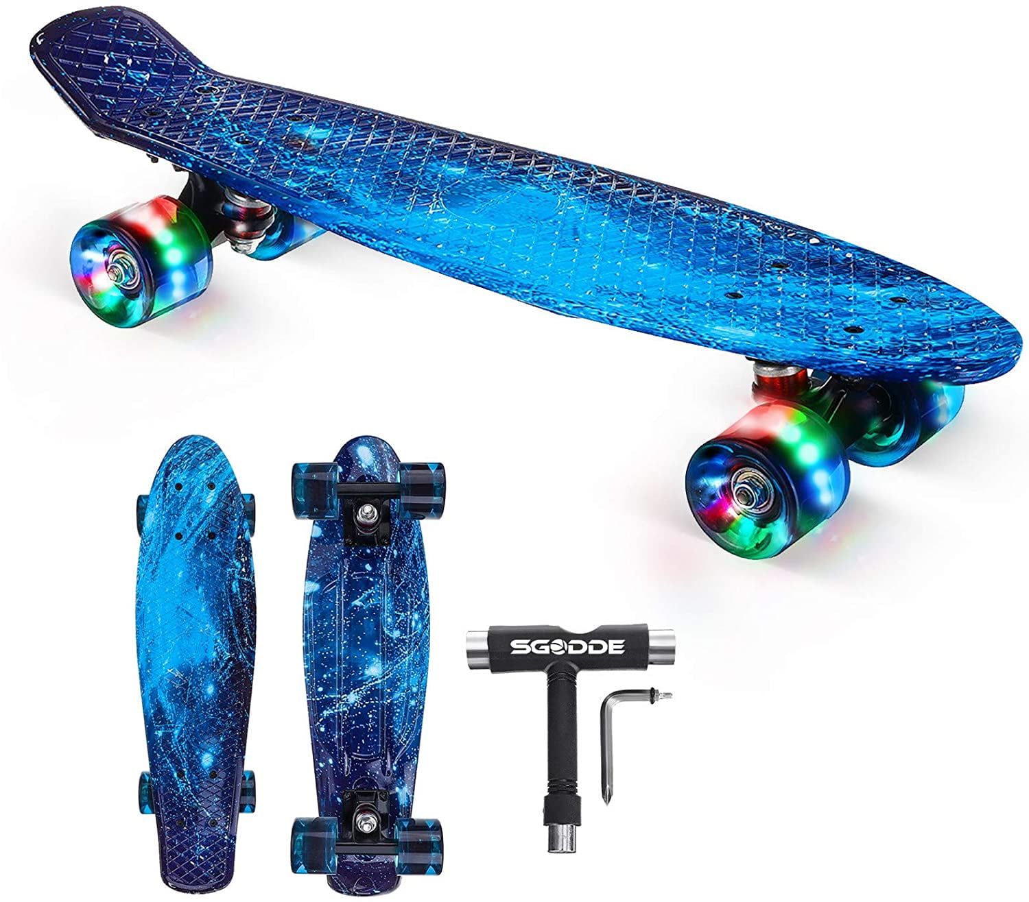 Skateboard Complete 22 inch Mini Cruiser Skateboard for Kids Teens Adults with Sturdy Deck,LED Light up Wheels with All-in-One Skate T-Tool for Beginners 