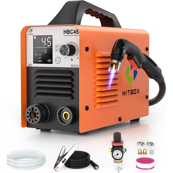 HITBOX 45A Plasma Cutter, 110V/220V Dual Voltage Pilot Arc Cutting Machine with Large LED Display & Grid Function, Max Cut 15mm for Metal