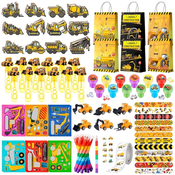 Construction Vehicle Favors,98pcs Construction Truck Party Favors Set Includes Construction Vehicle toys Bubble Wands Stickers Stampers etc Construction Party Favor for Excavator Birthday Decorations